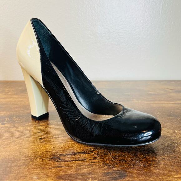 Dune London Pumps 8 Black Cream Colorblock Patent Leather Block Heel Going Out - Picture 1 of 11